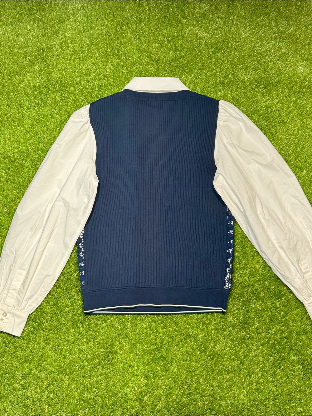 NWT Tory Burch Poplin Sleeve Pullover Shirt Women’s Size Medium Navy Blue White - Picture 12 of 15